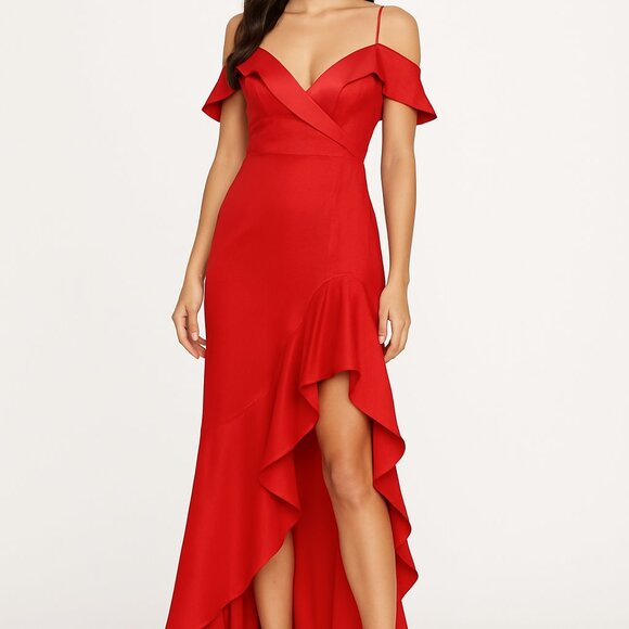 Revolve Satin Ruffle Chrissy Teigen Gown Sz M Holiday Christmas Cocktail Dress - Picture 1 of 16